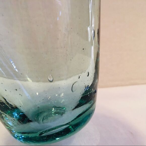 Green Tint Cobalt Blue Rim Bubbled Blown Art Glass Bud Vase - Picture 10 of 16